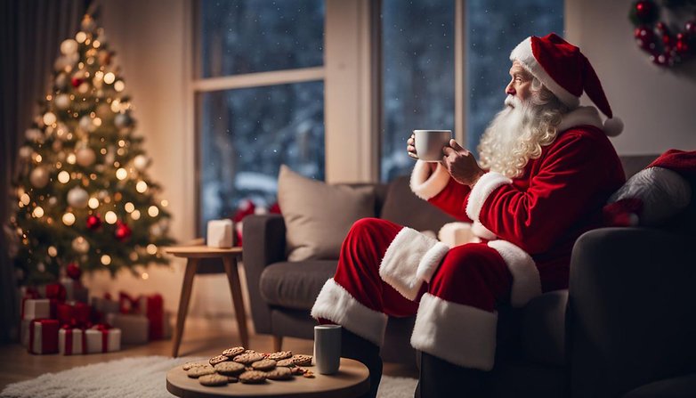 Une image générée par IA mopntrant un Père Noël assis dans un fauteuil au milieu d'un salon décoré d'un sapin