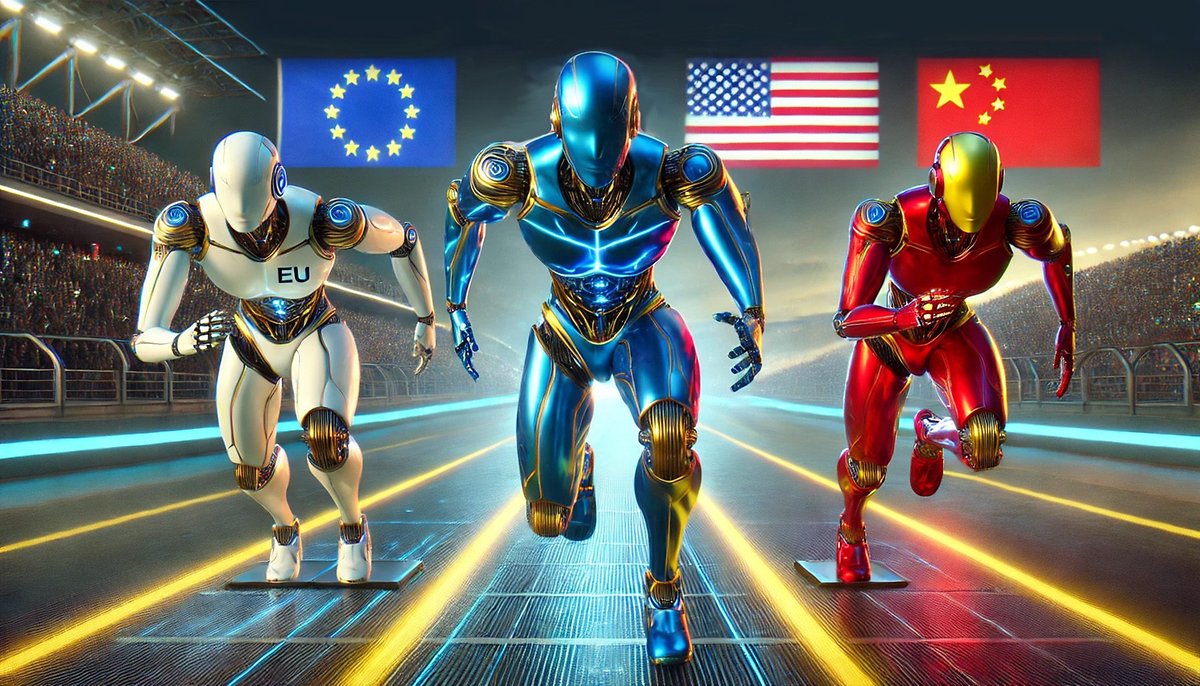 Trois robots futuristes en course, représentant l'UE, les États-Unis et la Chine, avec leurs drapeaux en arrière-plan.