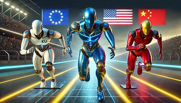 Drei futuristische Roboter rennen, die EU, USA und China repräsentierend, mit ihren Flaggen im Hintergrund.