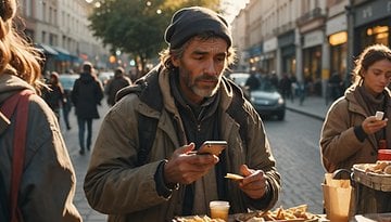 Ein Obdachloser auf der Straße bezahlt mit dem Handy sein Essen