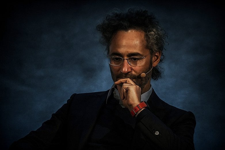 A man with curly hair and glasses, deep in thought during a discussion on stage.