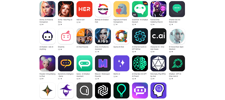 Google Play Store screenshot of various AI Chatbot apps