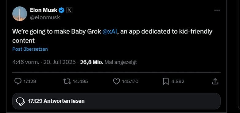 Elon Musk tweets about creating Baby Grok, an app for kid-friendly content.