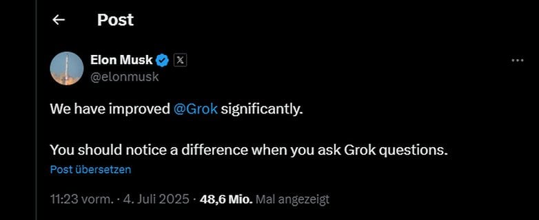 Tweet von Elon Musk über Verbesserungen an Grok, mit Hinweis auf bemerkbare Unterschiede in den Antworten. Tweet von Elon Musk über Verbesserungen an Grok, mit Hinweis auf bemerkbare Unterschiede in den Antworten.