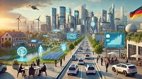 Futuristische Stadtlandschaft mit Solarpanelen, KI und Elektroautos; enthält den Text: 'WIRTSCHAFTLICHE ELEKTRISCHE WIRTSCHAFT'.