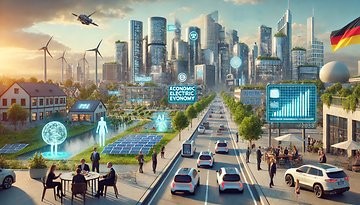 Futuristische Stadtlandschaft mit Solarpanelen, KI und Elektroautos; enthält den Text: 'WIRTSCHAFTLICHE ELEKTRISCHE WIRTSCHAFT'.