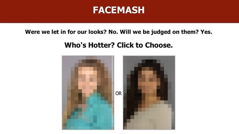 Ein verschwommenes Bild vergleicht zwei Frauen mit dem Text 'FaceMash' und 'Who's Hotter? Click to Choose.'