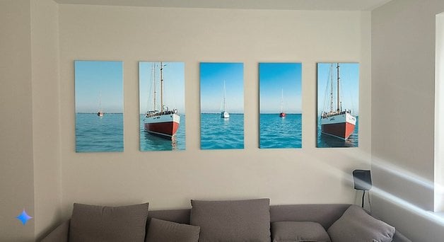 Five canvas prints of sailboats on a calm sea, arranged above a gray couch in a bright room.