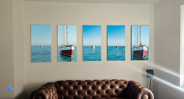 Five panels depicting boats on water hanging on a wall above a brown leather couch.