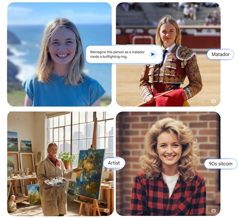 Vier Bilder von Frauen: eine lächelnde Frau am Meer, ein Matador, eine Künstlerin im Atelier und eine Frau, die einem Sitcom-Charakter der 90er ähnelt. Vier Bilder von Frauen: eine lächelnde Frau am Meer, ein Matador, eine Künstlerin im Atelier und eine Frau, die einem Sitcom-Charakter der 90er ähnelt.