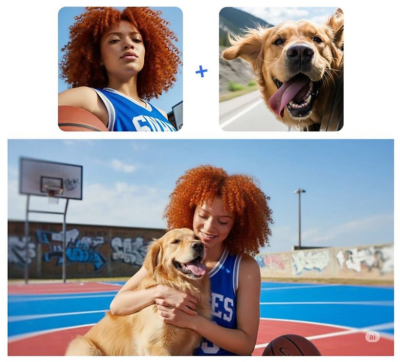 Eine junge Frau mit lockigem roten Haar hält einen Basketball und lächelt mit einem Golden Retriever auf einem bunten Platz. Eine junge Frau mit lockigem roten Haar hält einen Basketball und lächelt mit einem Golden Retriever auf einem bunten Platz.