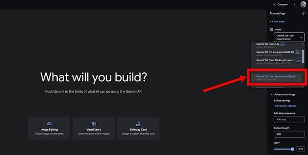 Interface de Google AI Studio montrant l'option de modèle Gemini 2.0 Flash Experimental.
