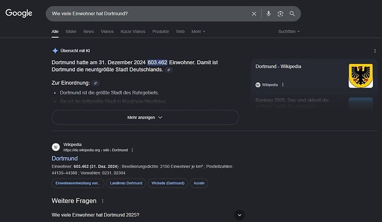 Google-Suchergebnisse zur Bevölkerung Dortmunds, mit 603.462 Einwohnern am 31. Dezember 2024.