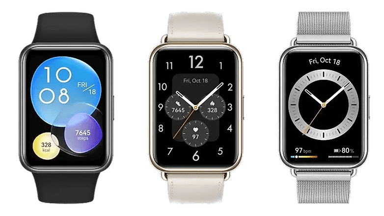 Zwei Varianten der Huawei Watch Fit 2 Smartwatch nebeneinander