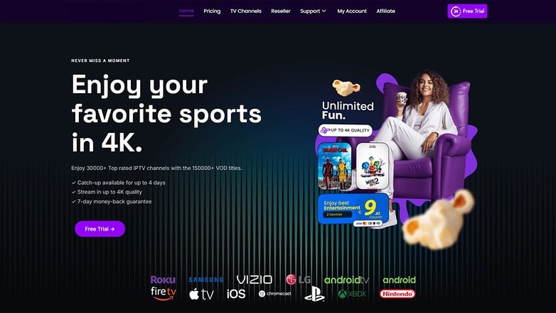 Promotional image for IPTV service featuring a woman in a chair, popcorn, and details on streaming in 4K.