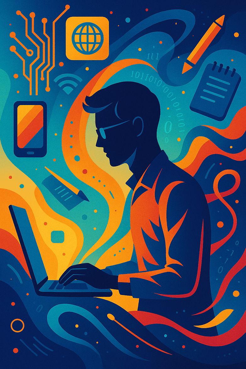 Eine Silhouette einer Person, die an einem Laptop arbeitet, umgeben von digitalen Symbolen und Wellen, die Technologie darstellt. Eine Silhouette einer Person, die an einem Laptop arbeitet, umgeben von digitalen Symbolen und Wellen, die Technologie darstellt.
