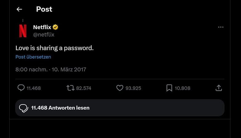 Twitter post from Netflix: 'Love is sharing a password.' dated March 10, 2017.