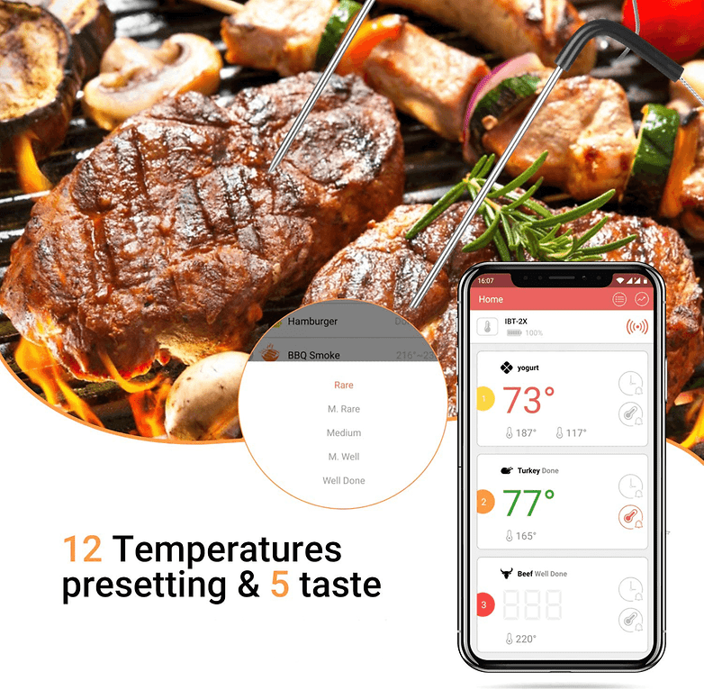 Fleisch auf dem Grill und Smartphone mit Inkbird-App