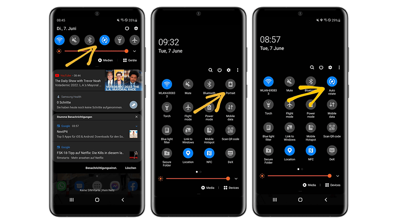 Skärmbilder från Schnellinstellungen på en Samsung-Handy