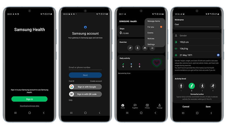 Screenshots zur Einrichtung  von Samsung Health