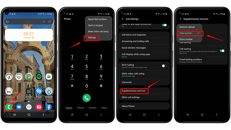 Screenshots der Telefonnummer-Einstellungen auf einem Samsung-Handy