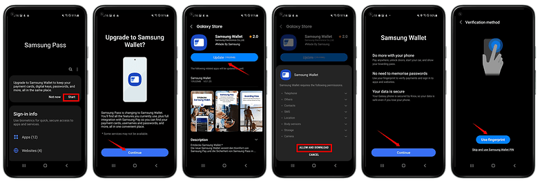 Screenshots zeigen, wie man von Samsung Pass zu Samsung Wallet wechselt