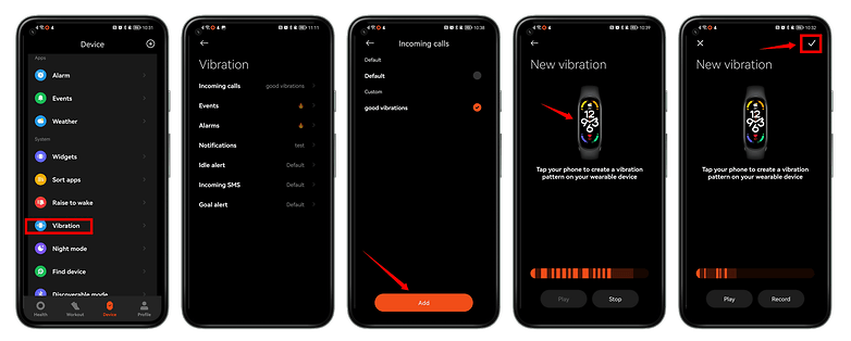 Screenshots der Mi-Fitness-App und den Vibrations-Einstellungen