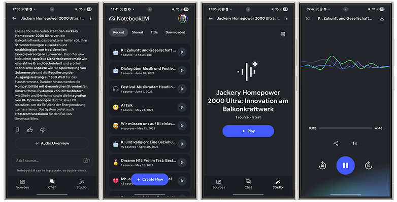 Screenshot der NotebookLM-App mit Details zum Jackery Homepower 2000 Ultra und aktuellen Audioinhalten. Screenshot der NotebookLM-App mit Details zum Jackery Homepower 2000 Ultra und aktuellen Audioinhalten.