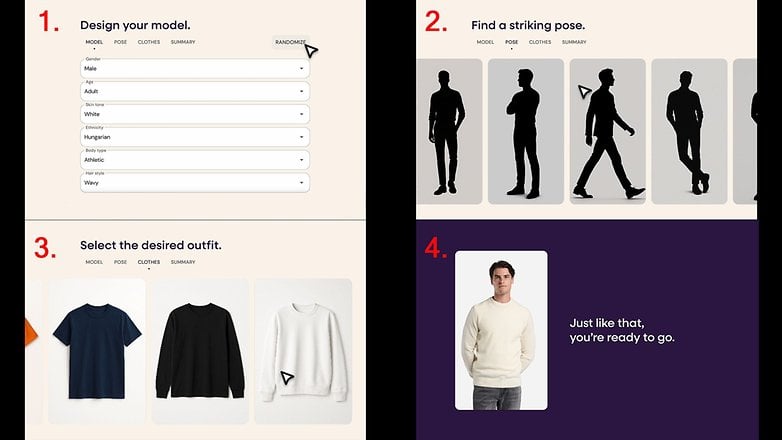 Schritte zur Gestaltung eines Modells mit Optionen für Geschlecht, Alter, Hautfarbe, Pose und Outfit-Auswahl. Schritte zur Gestaltung eines Modells mit Optionen für Geschlecht, Alter, Hautfarbe, Pose und Outfit-Auswahl.