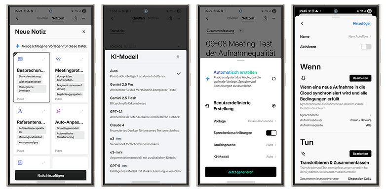 Screenshots einer Notizen-App mit Optionen zum Erstellen von Notizen und Einstellungen für die Audioübertragung.