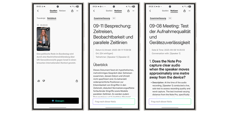 Screenshot einer politischen Rede und Besprechungsnotizen in einer Mobil-App.