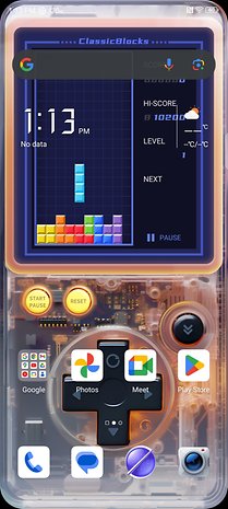 Capture d'écran de l'écran de démarrage avec le fond d'écran Tetris