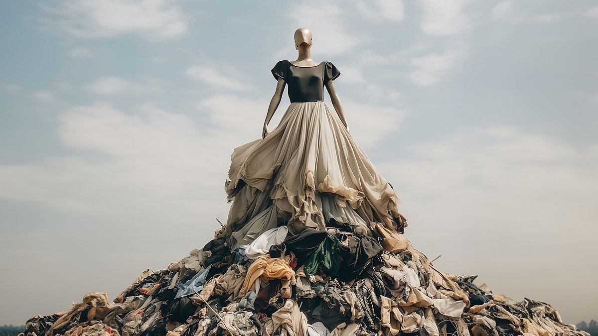 Un mannequin portant un haut noir et une grande jupe beige se tient au sommet d'un tas de vêtements usagés sous un ciel nuageux.