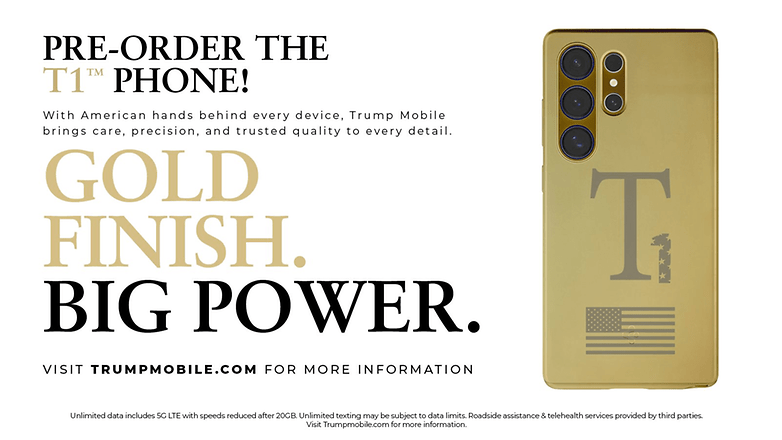 Goldfarbenes Smartphone mit 'T1'-Markierung und amerikanischem Flaggen-Design, das Vorbestellungen für Trump Mobile bewirbt.