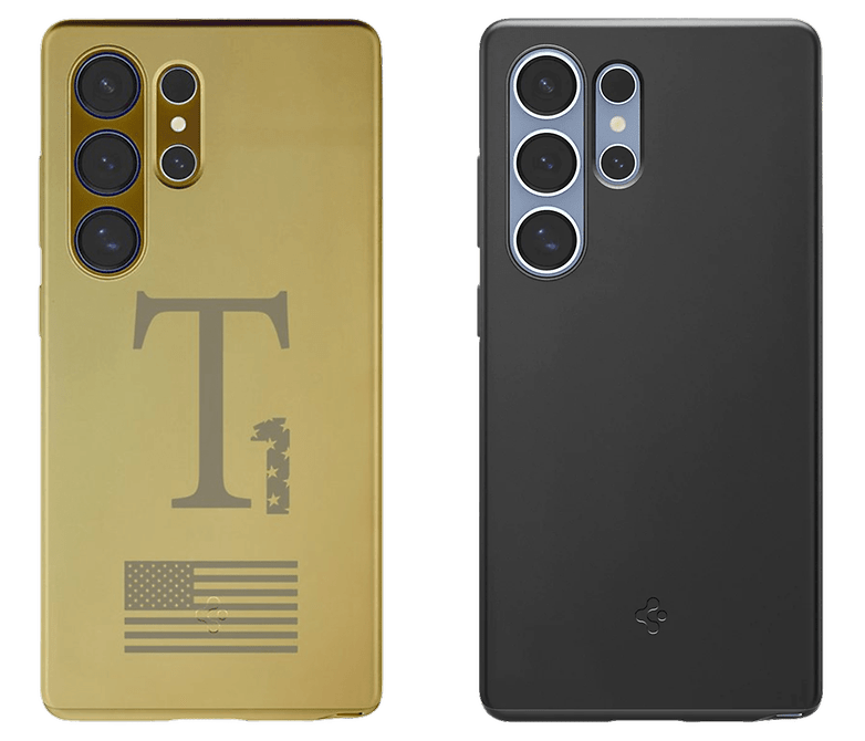 Zwei Handyhüllen nebeneinander: eine goldene mit dem Buchstaben 'T' und einer amerikanischen Flagge, die andere schwarz und schlank.