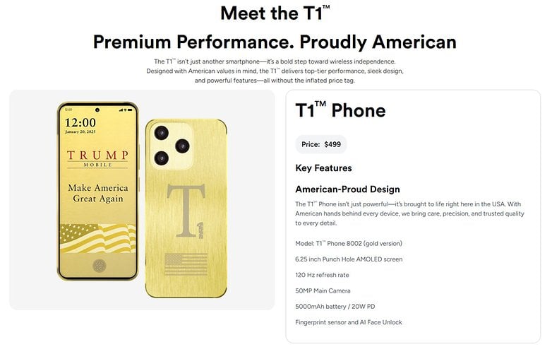 Gold-Smartphone mit 'TRUMP MOBILE' und amerikanischem Flaggen-Design, mit Spezifikationen und Preisdetails.