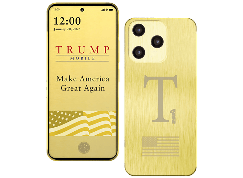 Ein goldenes Smartphone, das 'TRUMP MOBILE' und 'Make America Great Again' auf dem Bildschirm anzeigt. Ein goldenes Smartphone, das 'TRUMP MOBILE' und 'Make America Great Again' auf dem Bildschirm anzeigt.