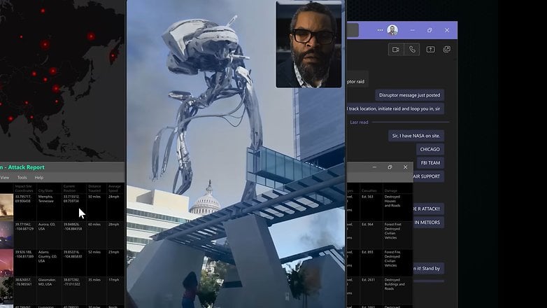 Ein silberner alienartiger Dreifuß erhebt sich über die Stadtlandschaft, während ein Mann in einem Videoanruf einen Angriffsbericht bespricht. Ein silberner alienartiger Dreifuß erhebt sich über die Stadtlandschaft, während ein Mann in einem Videoanruf einen Angriffsbericht bespricht.
