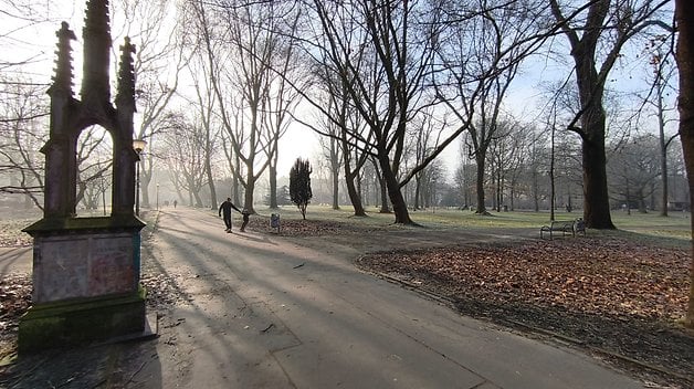 Une personne et un enfant marchant main dans la main dans un parc brumeux avec des arbres dépouillés et des feuilles tombées.