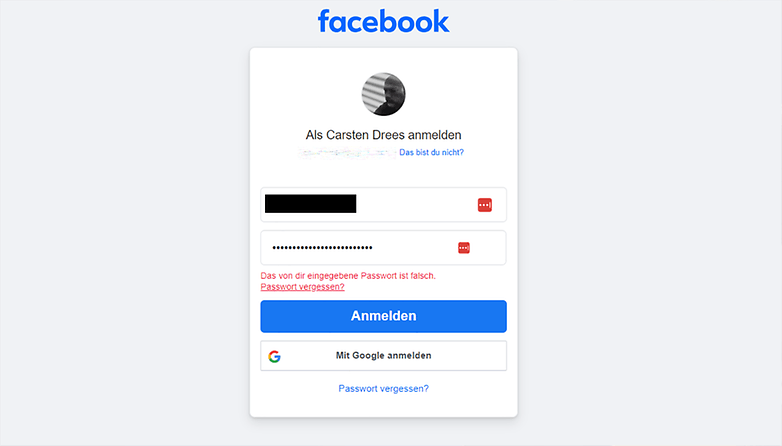 Facebook-Fehlermeldung, dass man das falsche Passwort eingegeben hat