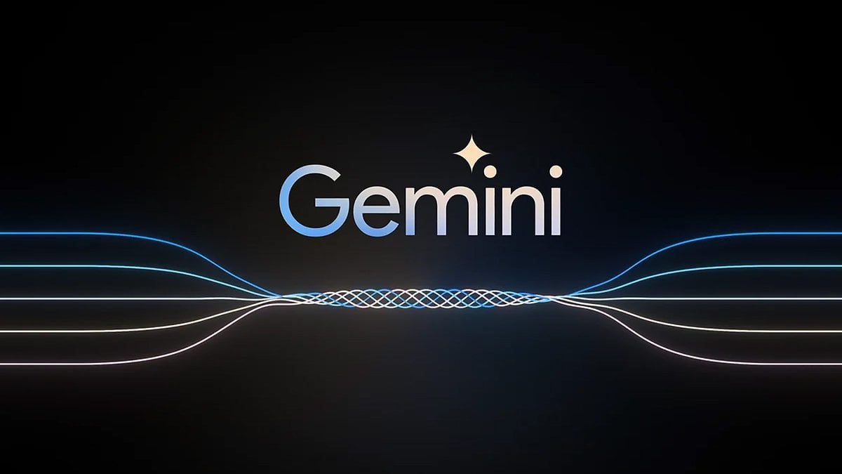 Logo de Google Gemini avec des lignes dynamiques sur fond sombre.