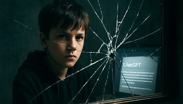 A boy with a serious expression beside a cracked mirror displaying 'ChatGPT'.