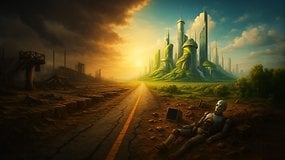 Eine dystopische Landschaft mit einem Roboter und einer futuristischen Stadt am Horizont.
