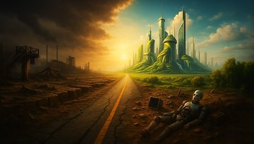 Eine dystopische Landschaft mit einem Roboter und einer futuristischen Stadt am Horizont.