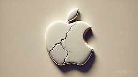 Ein Apple-Logo mit Rissen vor beigem Hintergrund