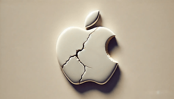 Ein Apple-Logo mit Rissen vor beigem Hintergrund