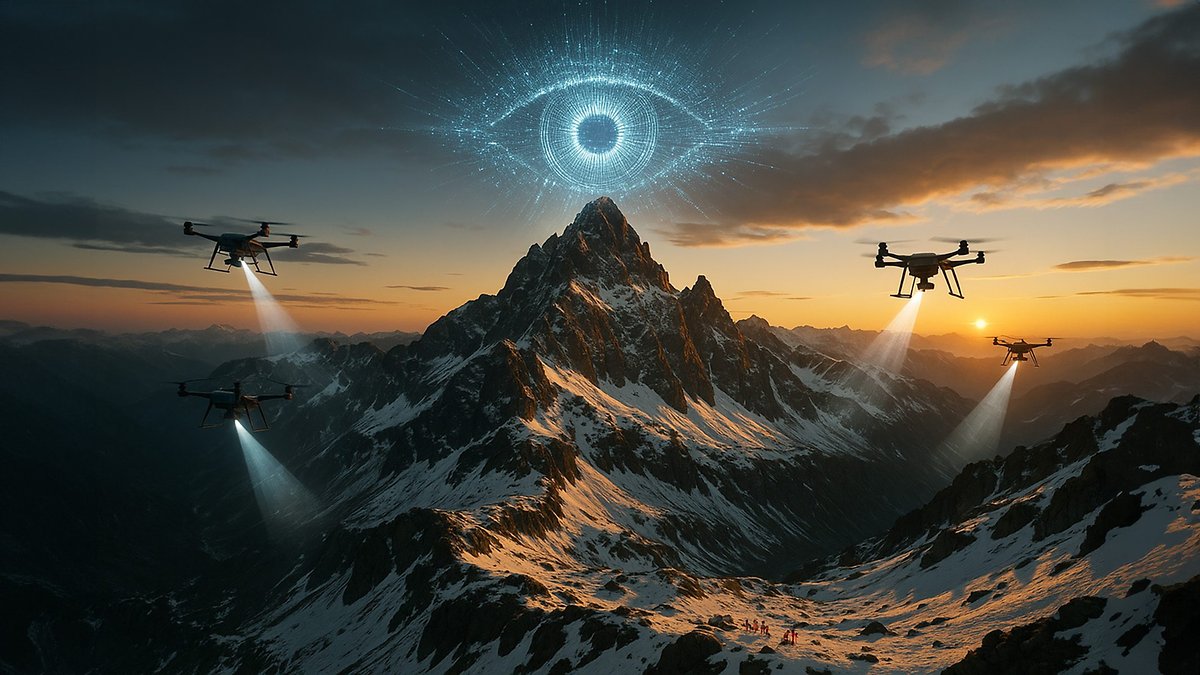Des drones volent au-dessus d'une montagne enneigée au coucher du soleil, avec un œil AI lumineux au-dessus.