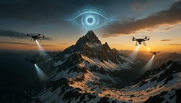 Drones voando sobre uma montanha coberta de neve ao pôr do sol, com um olho de IA brilhante acima.