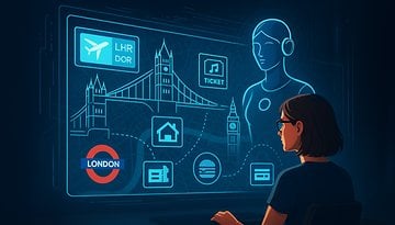 Eine Person interagiert mit einer digitalen Oberfläche, die reisebezogene Informationen über London anzeigt.