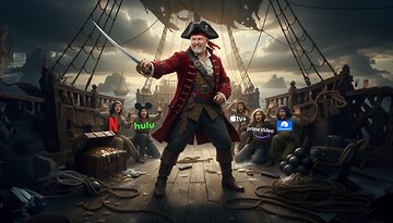 A pirate with a sword stands on a ship, surrounded by frightened crew members. Streaming service logos visible.